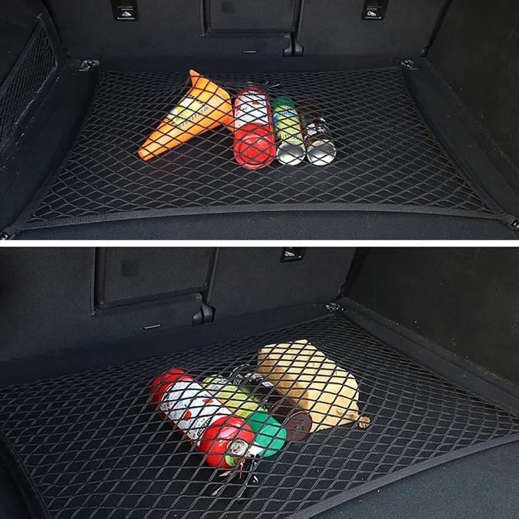 Support de filet universel pour coffre de voiture – Maille élastique nylon 90×40 cm / extensible jusqu’à 110 cm, 4 poches & crochets