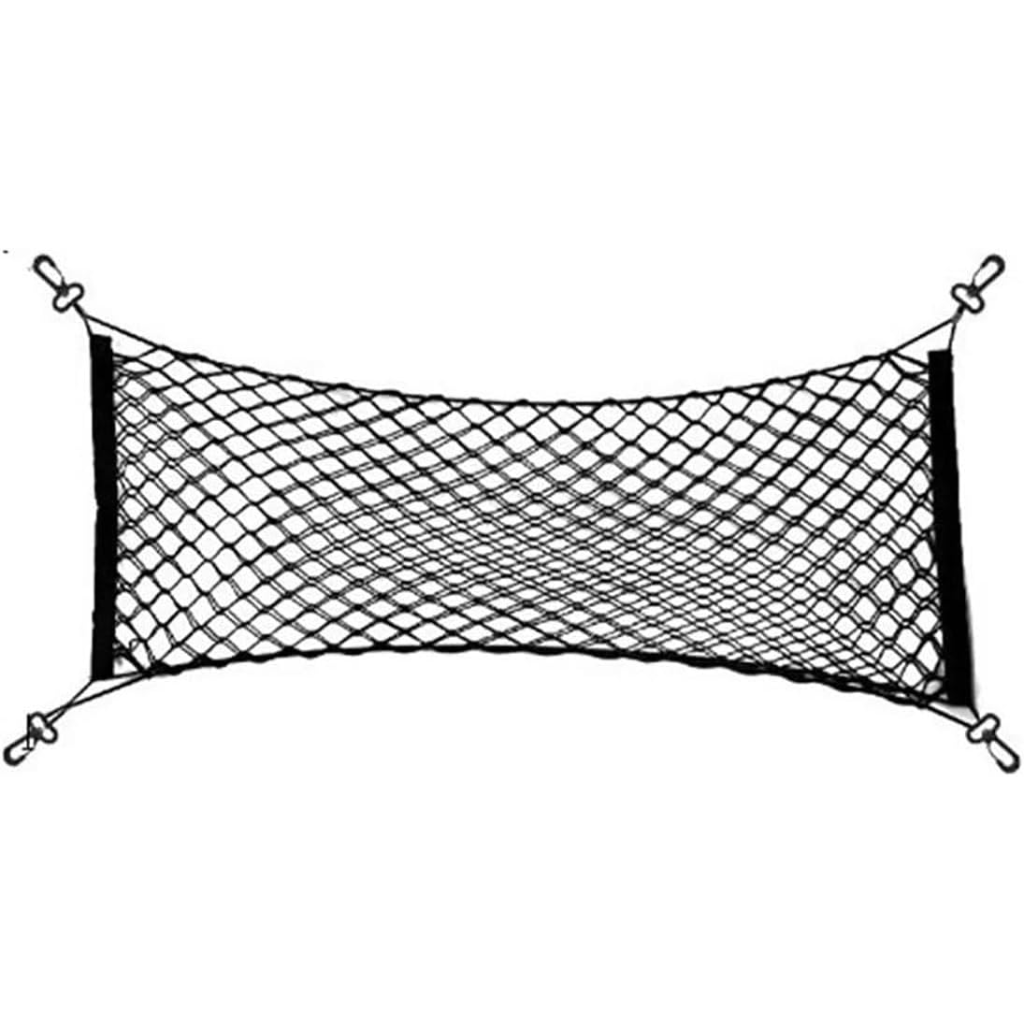 Support de filet universel pour coffre de voiture – Maille élastique nylon 90×40 cm / extensible jusqu’à 110 cm, 4 poches & crochets